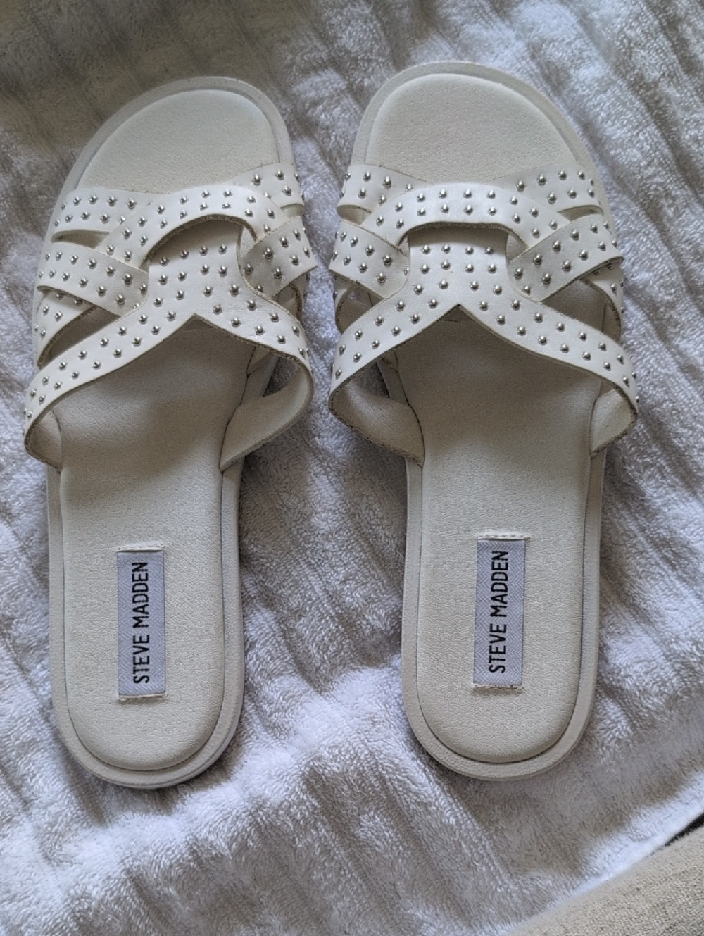 Steve Madden White Studded Crisscross Slide Sandals